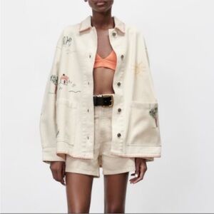Zara ecru embroidered cotton overshirt jacket